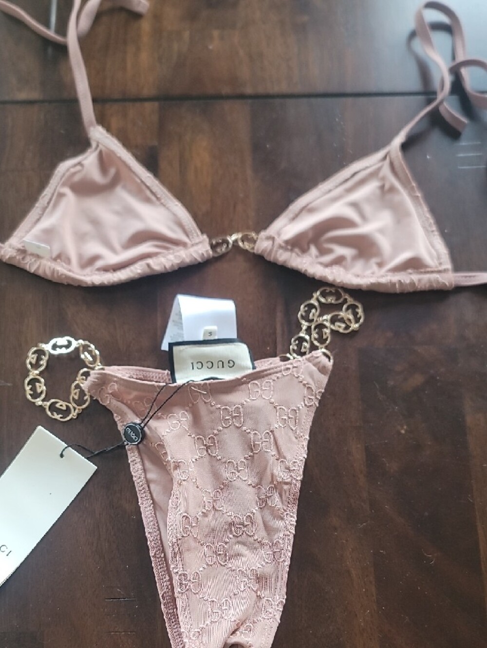 Gucci Blush Pink Logo-Embossed Chain Accent Bikini - Picture 4 of 4